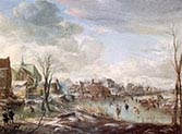 A Frozen River near a Village with Golfers and Skaters